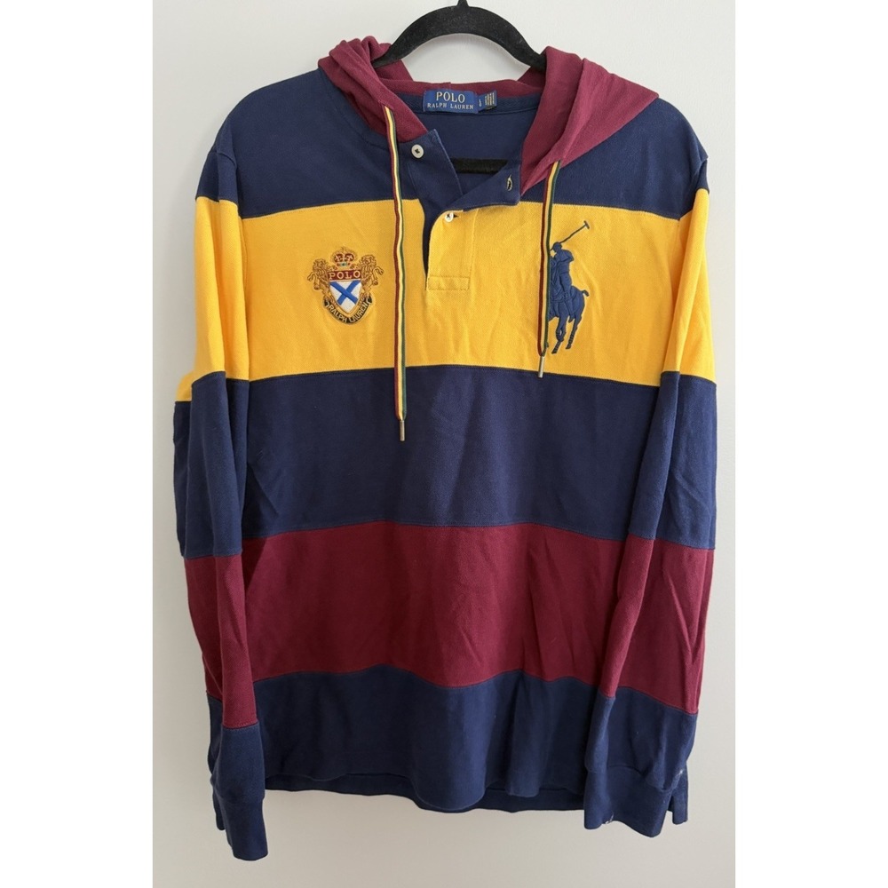 Polo Ralph Lauren Color Block Stripe Hoodie Sweatshirt Red Yellow Blue‎ Size Lg
